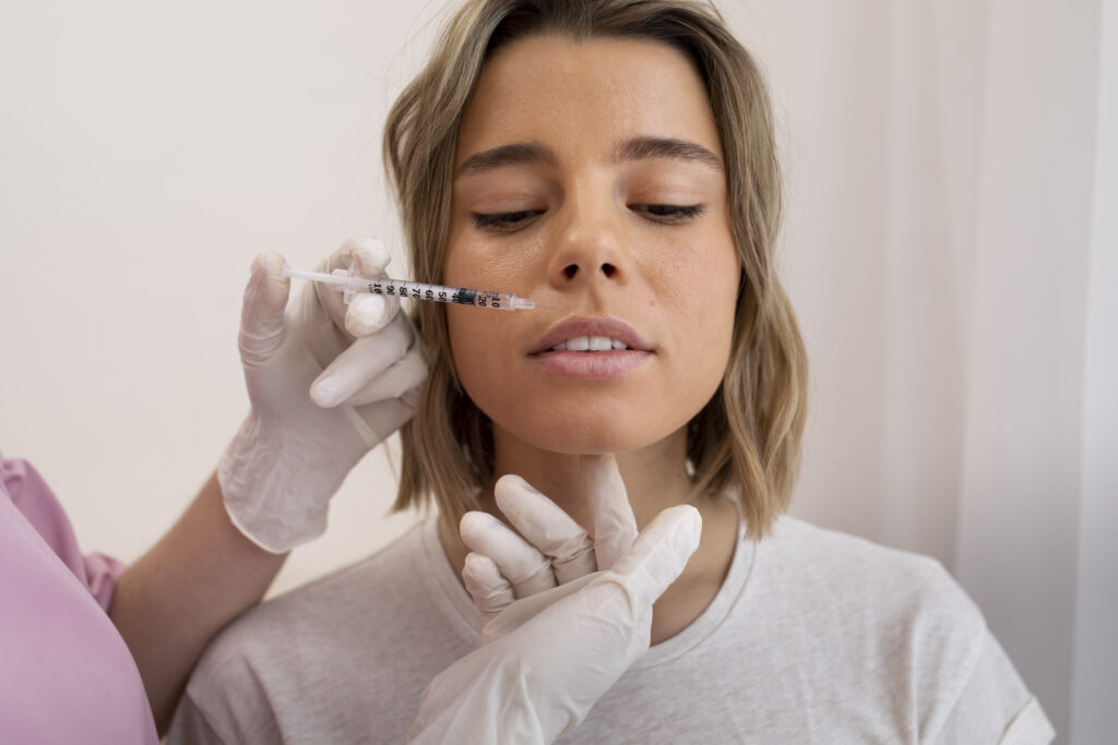 Young skin woman with a syringe being put to her face for a beauty treatment